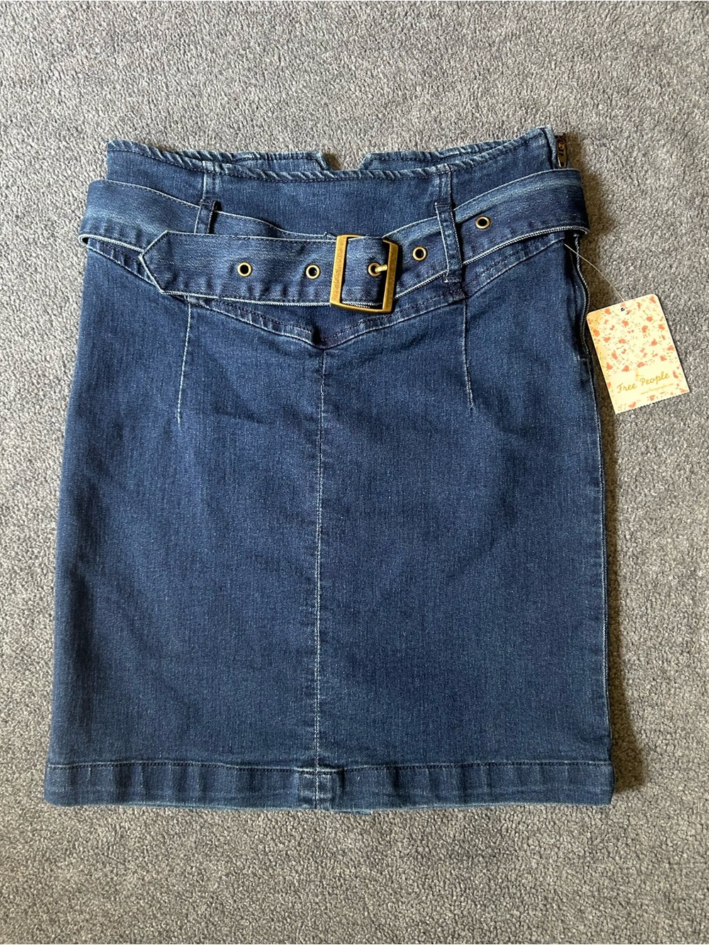 Free People Dark Blue Denim Midi Belted Pencil Skirt